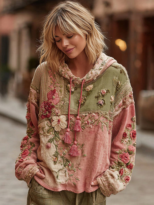 Felpa casual con cappuccio da donna a blocchi di colore con ricamo floreale in stile boho