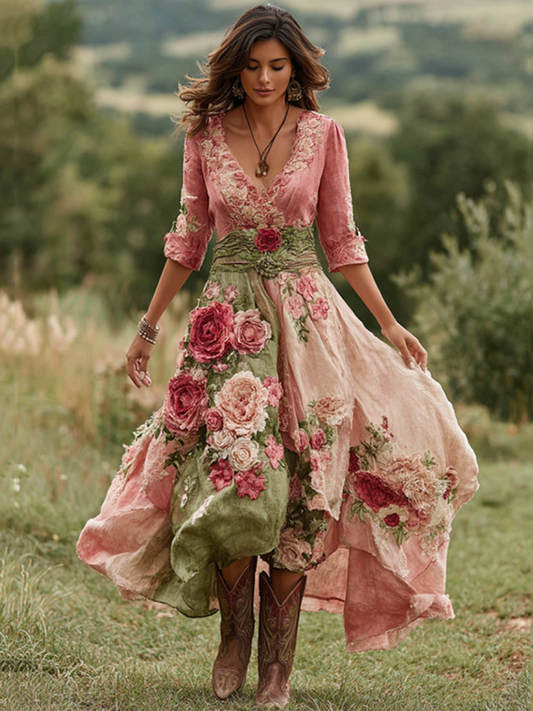 Vestito lungo da donna vintage in misto lino con motivo floreale e scollo a V
