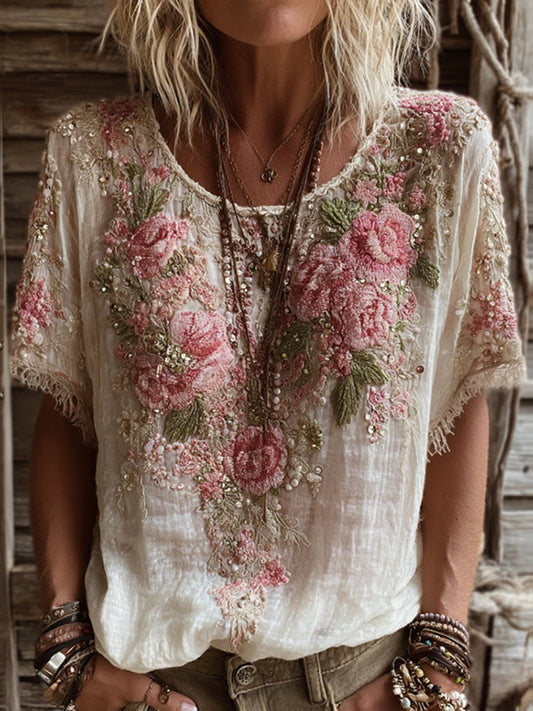 T-shirt da donna in misto lino con ricamo rosa, collo rotondo e maniche corte