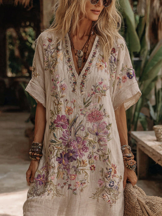 Vestito midi comodo da donna con ricamo floreale e scollo a V