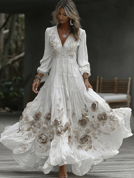 Robe longue décontractée pour femme à col en V, manches longues, ornée de broderies roses vintage