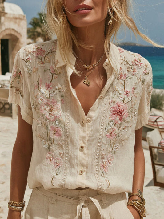 Camicia da donna vintage a maniche corte con ricamo floreale