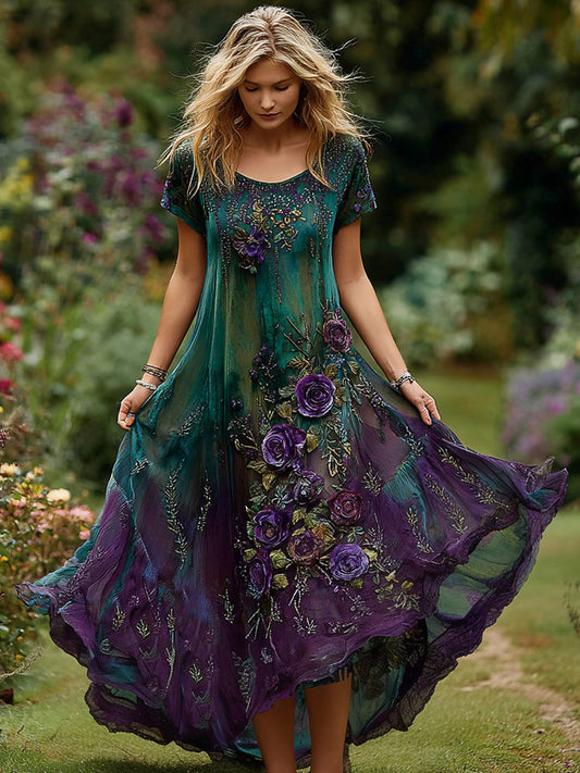 Vestito Donna con Ricamo Floreale Vintage e Motivo a Gradiente, Girocollo
