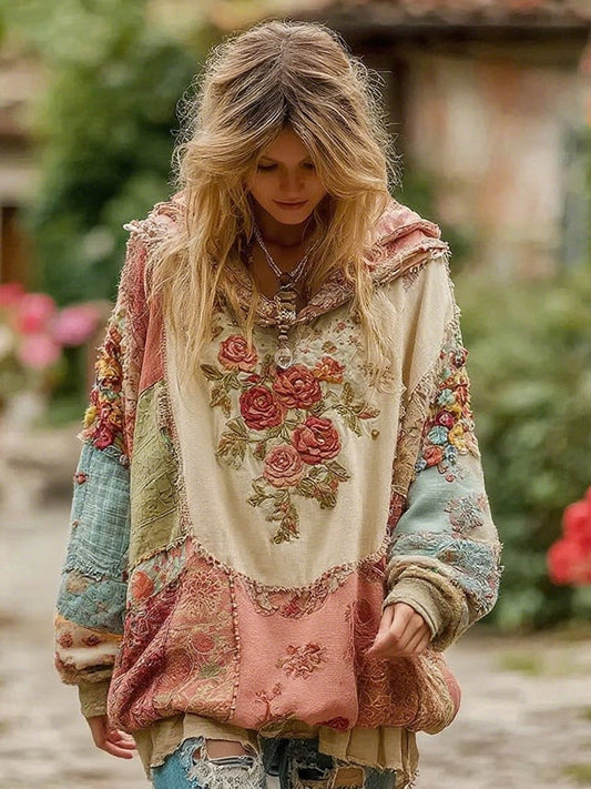 Felpa con cappuccio da donna con motivo floreale vintage
