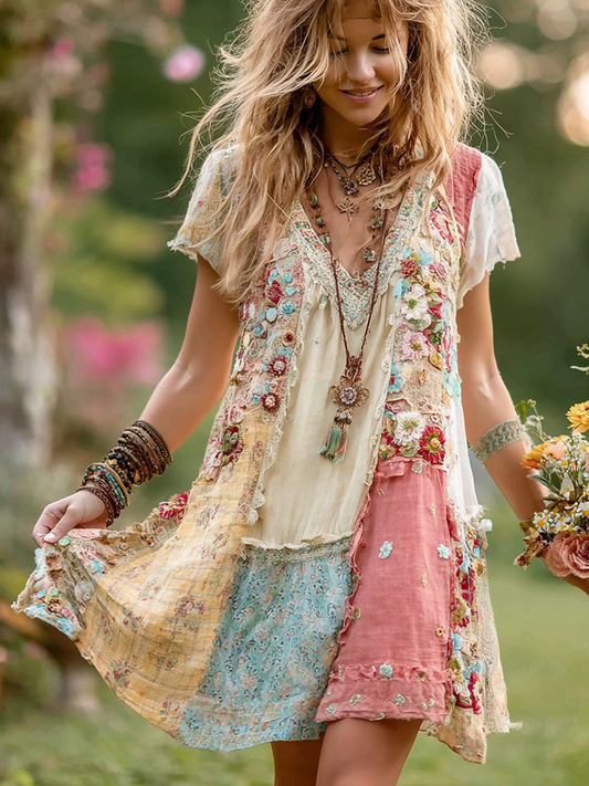 Robe courte rétro en coton et lin à fleurs pour femmes