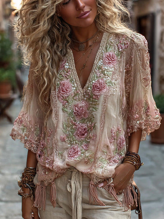 Camicia comoda da donna vintage in lino con ricamo rosa