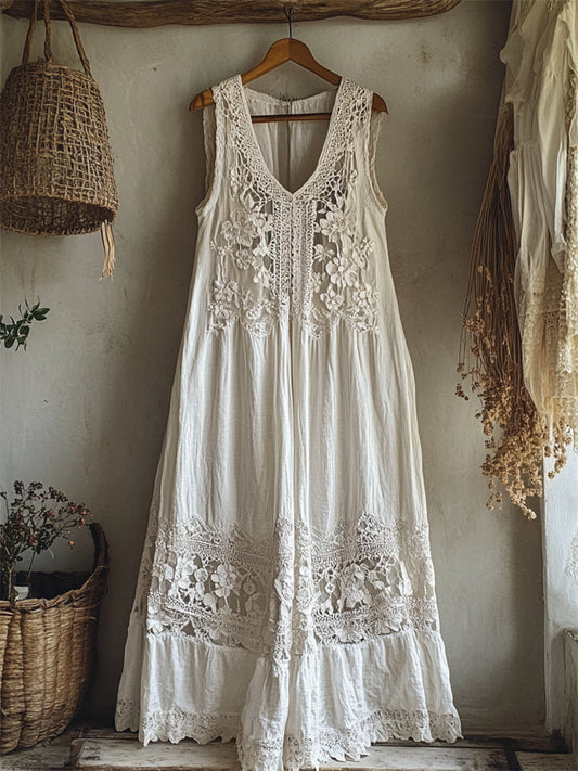 Robe longue en lin vintage à patchwork de dentelle ajourée et florale