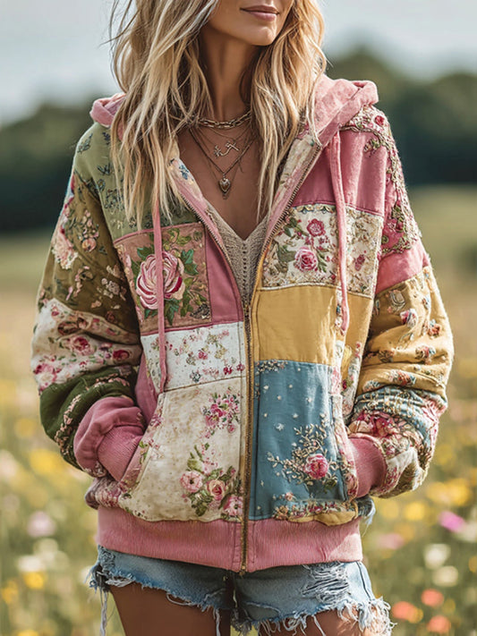 Felpa con zip calda e accogliente da donna vintage con patchwork floreale