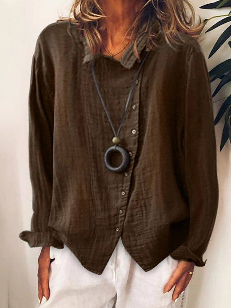Chemise décontractée unie à manches longues et boutonnée