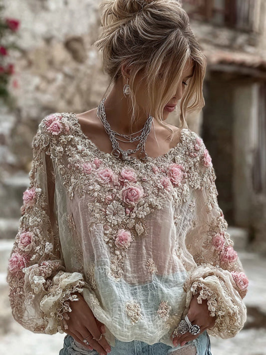 T-shirt da donna vintage in misto lino con ricamo di fiori rosa, collo rotondo e maniche lunghe