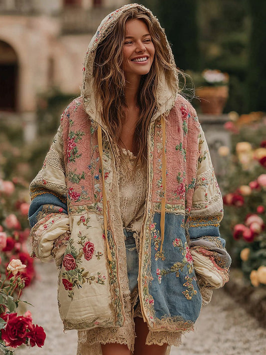 Cardigan con zip caldo da donna con blocco di colore e motivo floreale vintage