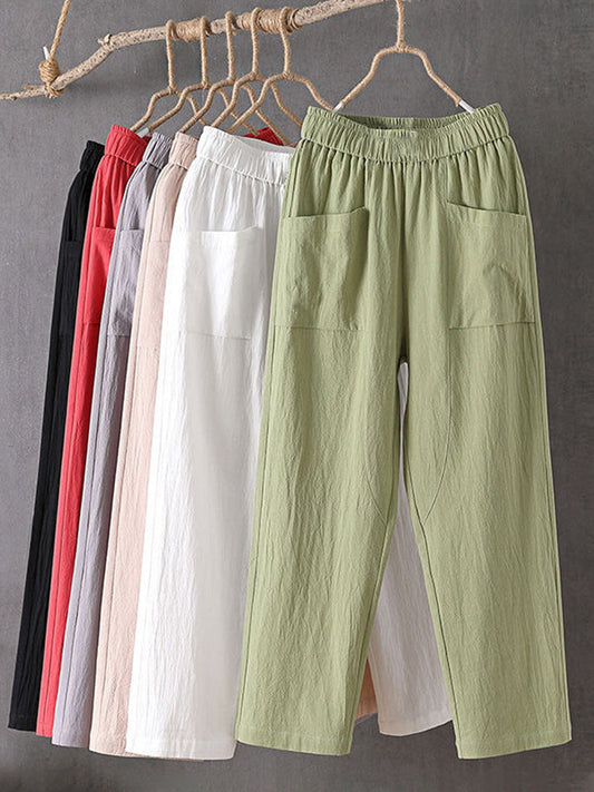 Pantaloni da donna in misto lino con tasche e vita elastica