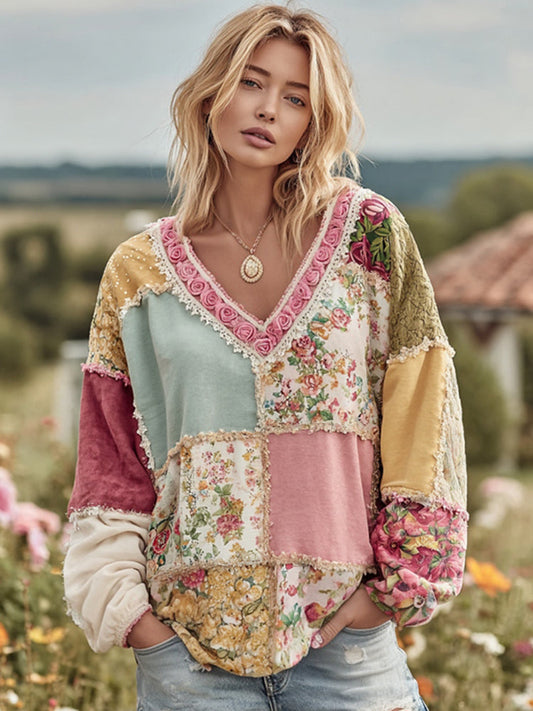 Felpa calda e accogliente da donna con motivo patchwork floreale vintage